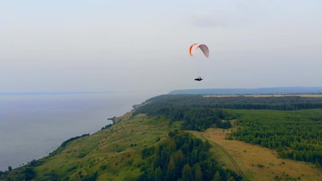 Parafoil is gliding along the forest coastline. Paraglider in the sky.