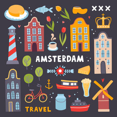 Amsterdam tourism illustrations. Vector symbols of Amsterdam: architecture, bicycle, windmill, food. Europe travel collection