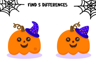 Halloween set. Educational game for kids. Halloween worksheet. Find differences.