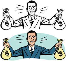 A smiling businessman holding two bags of money. 