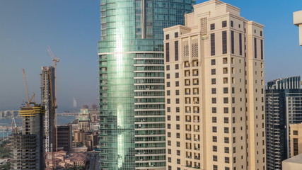 Fototapeta na wymiar Modern skyscrapers in Jumeirah beach residence in Dubai, JBR aerial timelapse