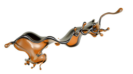 Splash of transparent brown liquid on a white background. 3d illustration, 3d rendering.