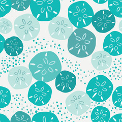 Layered sand dollar seamless pattern. Aqua, turquoise and teal colors. Great for beach wedding invitations, spa and resort fashion, textiles, graphic design uses and beach house decor. Vector.