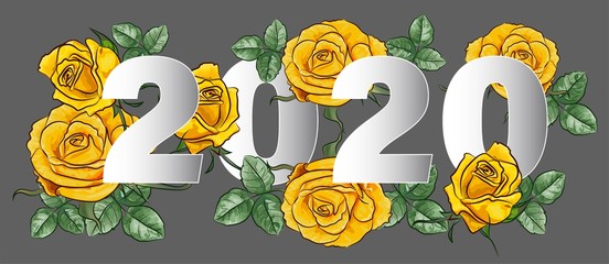Paper cut texts 2020 for Happy New year with yellow rose