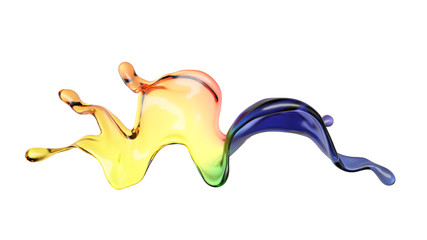 Splash of color rainbow transparent liquid on a white background. 3d illustration, 3d rendering.