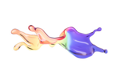 Splash of color rainbow transparent liquid on a white background. 3d illustration, 3d rendering.