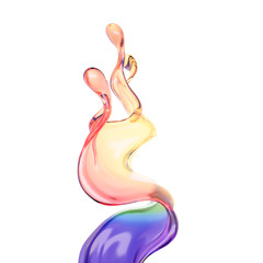 Splash of color rainbow transparent liquid on a white background. 3d illustration, 3d rendering.