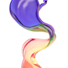 Splash of color rainbow transparent liquid on a white background. 3d illustration, 3d rendering.