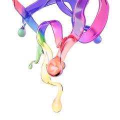Splash of color rainbow transparent liquid on a white background. 3d illustration, 3d rendering.