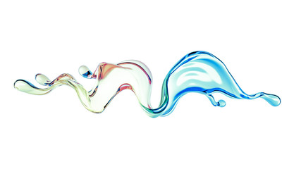 Splash of color rainbow transparent liquid on a white background. 3d illustration, 3d rendering.