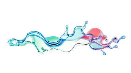 Splash of color rainbow transparent liquid on a white background. 3d illustration, 3d rendering.