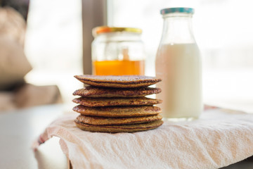 Bannana pancake close up on the kitchen table