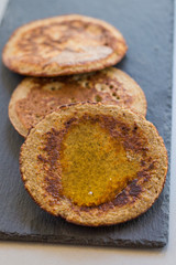 Bannana pancake close up on the kitchen table