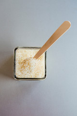 Raw rice on the table close up