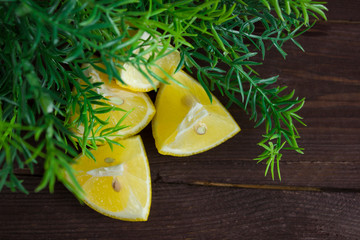 Lemon slices over a wooden background with a green sprig