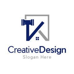 Vector illustration of a K style outline logo template with a court hammer shape added on top of the letter, Letter K Auction Vector Logo Design