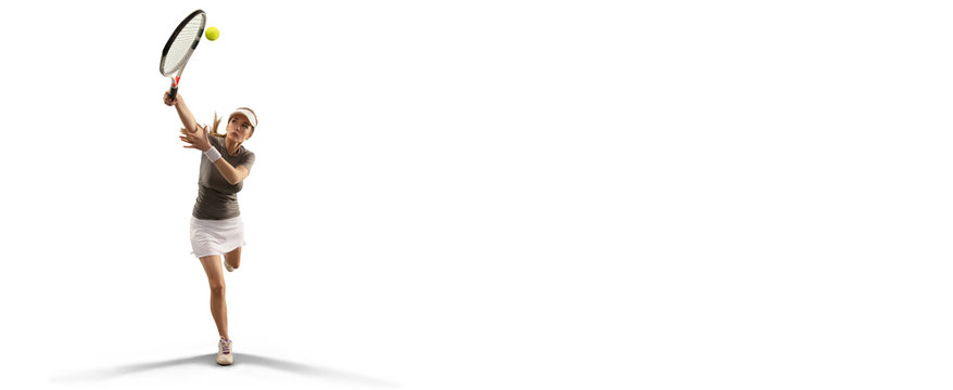 Isolated Female athlete plays tennis on white background