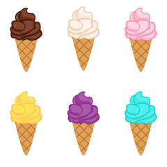 Ice cream vanilla, chocolate, strawberries, banana, blueberries, kiwi set  isolated on white background