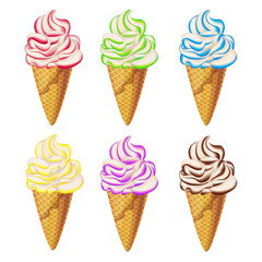 Ice cream vanilla, chocolate, strawberries, banana, blueberries, kiwi set  isolated on white background