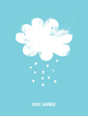 Cute Baby Shower Vector Illustration with White Cloud and Rain of Heart Shape on a Blue Background. Funny Blue Baby Boy Welcome Party Design. Lovely Nursery Art for Card, Invitation, Decoration. 