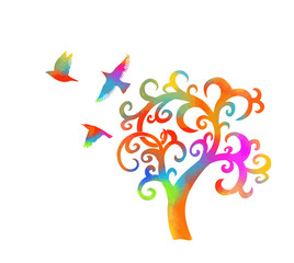 Fototapeta premium A stylized beautiful multi-colored tree with birds. Vector illustration