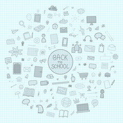 Abstract checkered pattern with school supplies. Graphic paper background. Back to school. Hand drawn elements. Education concept