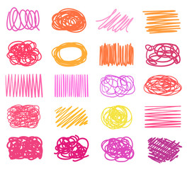 Multicolored hatching shapes with array of lines on white. Tangle samples. Hand drawn tangled patterns. Colorful illustration. Sketchy elements for your design