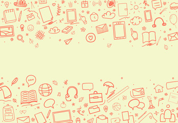 Abstract pattern with school supplies. Back to school. Set of different signs and symbols. Hand drawn elements. Illustration for banners, flyers or posters