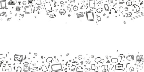 Pattern with school supplies. Back to school. Hand drawn infographic elements. Black and white illustration