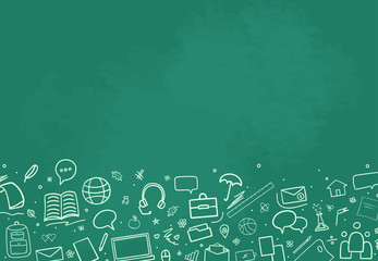 Back to school. Abstract blackboard. Sketchy background with hand drawn school supplies. Banner design. Education concept