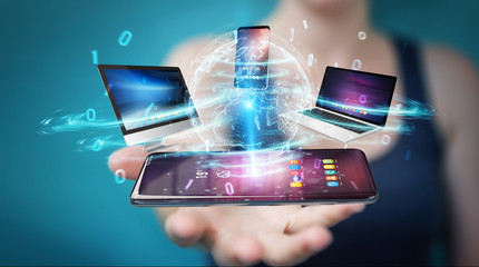Modern devices connected in businesswoman hand 3D rendering - obrazy, fototapety, plakaty