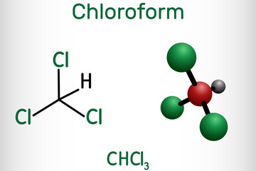 Chloroform or trichloromethane molecule. It is anesthetic, euphoriant, anxiolytic and sedative. Structural chemical formula and molecule model