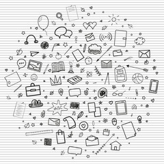 Abstract line pattern with school supplies. Graphic stripe paper background. Striped texture. Back to school. Hand drawn line backdrop. Education concept