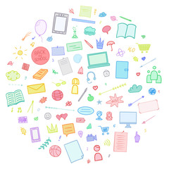 Fototapeta premium Abstract pattern with school supplies. Back to school. Set of different signs. Hand drawn elements. Illustration for banners, flyers or posters