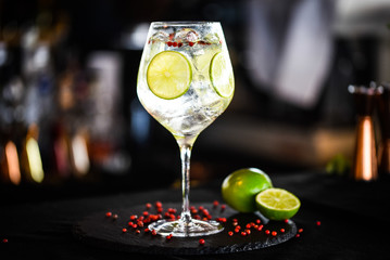 tonic gin with lime & pink pepper - obrazy, fototapety, plakaty