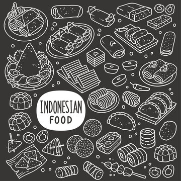 Indonesian Foods and Snack Chalkboard Illustration.
