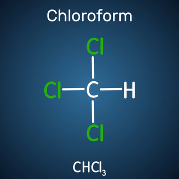 Chloroform or trichloromethane molecule. It is anesthetic, euphoriant, anxiolytic and sedative. Structural chemical formula on the dark blue background