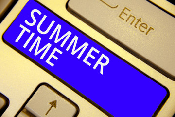 Word writing text Summer Time. Business concept for Longer daylight Tropical season Beach activities Vacation Keyboard blue key Intention create computer computing reflection document