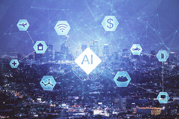 Data theme hologram drawing on city view with skyscrapers background double exposure. Ai concept.