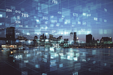 Data theme hologram drawing on city view with skyscrapers background multi exposure. Ai concept.