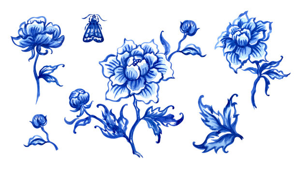 Blue peonies, watercolor illustration in oriental or dutch style, watercolor illustration on white background, isolated. Decorative floral painting for porcelain or ceramics, print for fabric, etc.