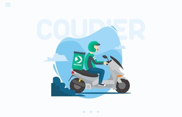 Flat style illustration of delivery man courier riding big moped scooter delivering package and food for customer at home service for landing page and website