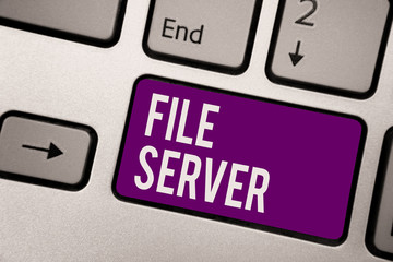 Conceptual hand writing showing File Server. Business photo showcasing device which controls access to separately stored data Keyboard purple key computer computing reflection document
