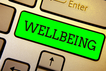 Writing note showing Wellbeing. Business photo showcasing A good or satisfactory condition of existence including health Keyboard green key Intention computer computing reflection document