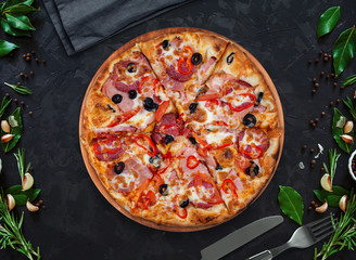 Four season pizza, four cheeses, salami, ciuperic, cheese, oregano, Italian recipe.