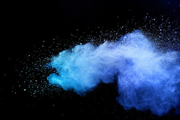 Plakat Blue powder explosion on black background. Colored cloud. Colorful dust explode. Paint Holi.