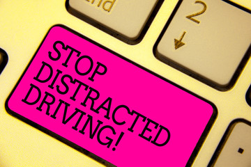 Word writing text Stop Distracted Driving. Business concept for asking to be careful behind wheel drive slowly Keyboard pink key Intention create computer computing reflection document