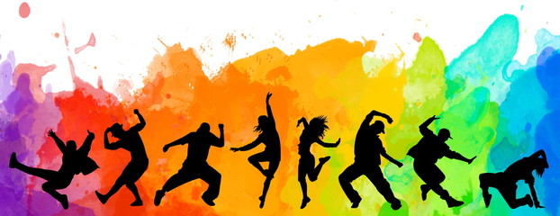 Fototapeta Detailed illustration silhouettes of expressive dance colorful group of people dancing. Jazz funk, hip-hop, house dance. Dancer man jumping on white background. Happy celebration obraz