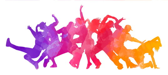 Detailed illustration silhouettes of expressive dance colorful group of people dancing. Jazz funk, hip-hop, house dance. Dancer man jumping on white background. Happy celebration