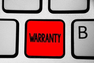 Writing note showing Warranty. Business photo showcasing Free service of repair and maintenance of...
